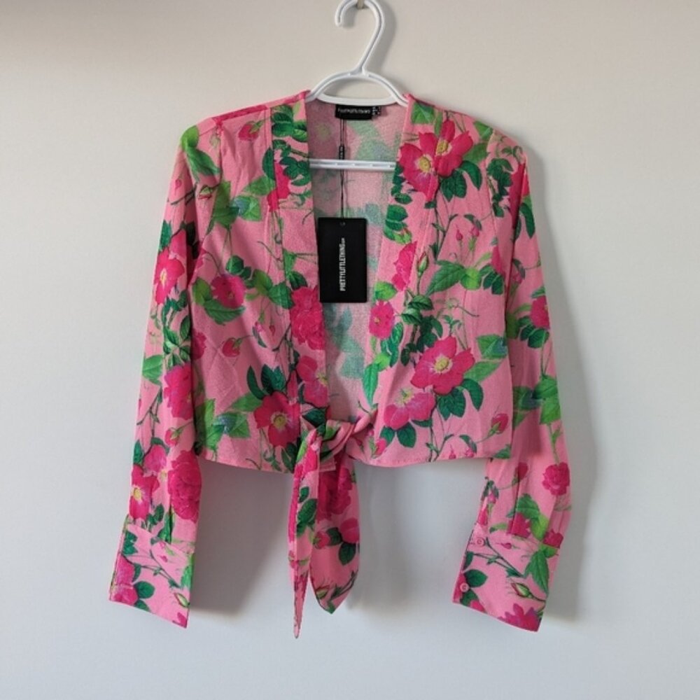 PrettyLittleThing Womens Floral Tie Front Blouse Size 2 Hot Pink Green